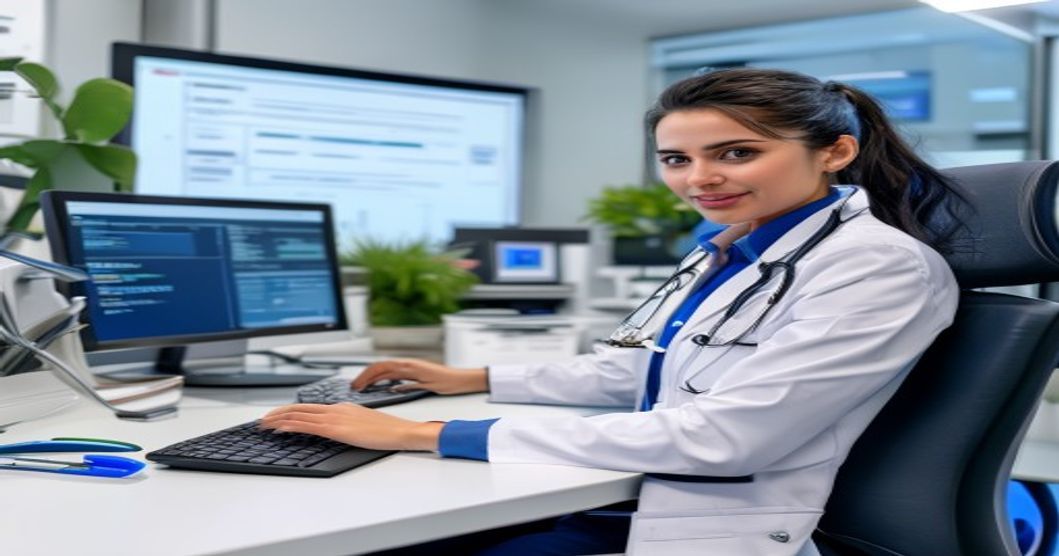 Medical billing office with EHR system on screens