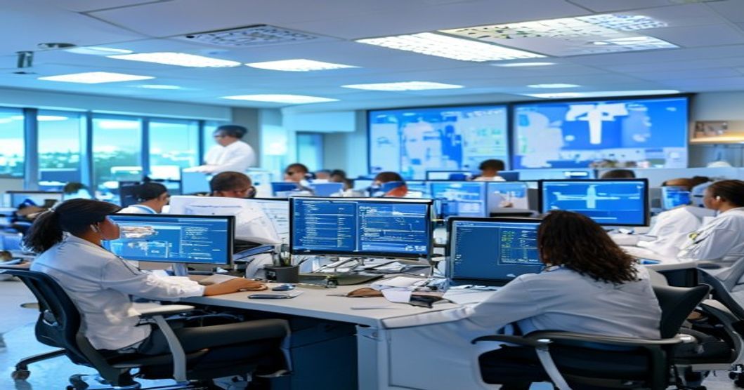 Large hospital medical group doctors at workstations using EHR