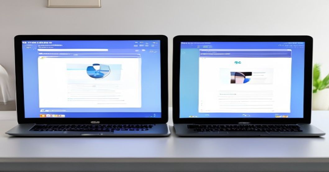 Two laptops side by side comparing healthcare software