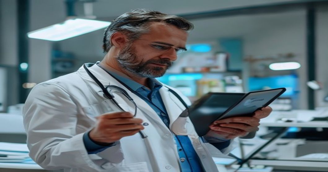 Doctor using an iPad EHR in a modern medical office