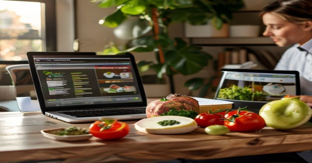 Registered dietitian at desk with laptop showing nutrition software