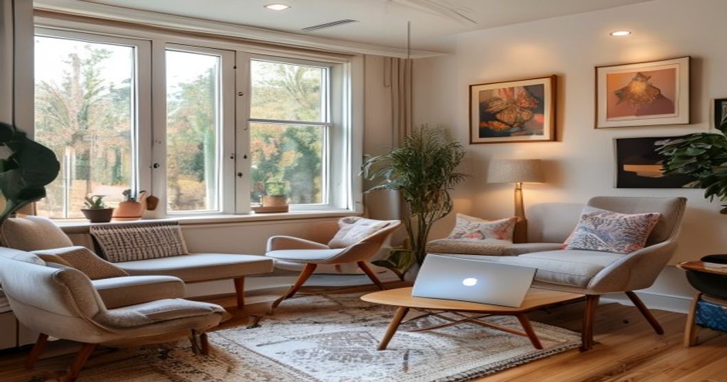 Cozy therapy office with laptop on desk