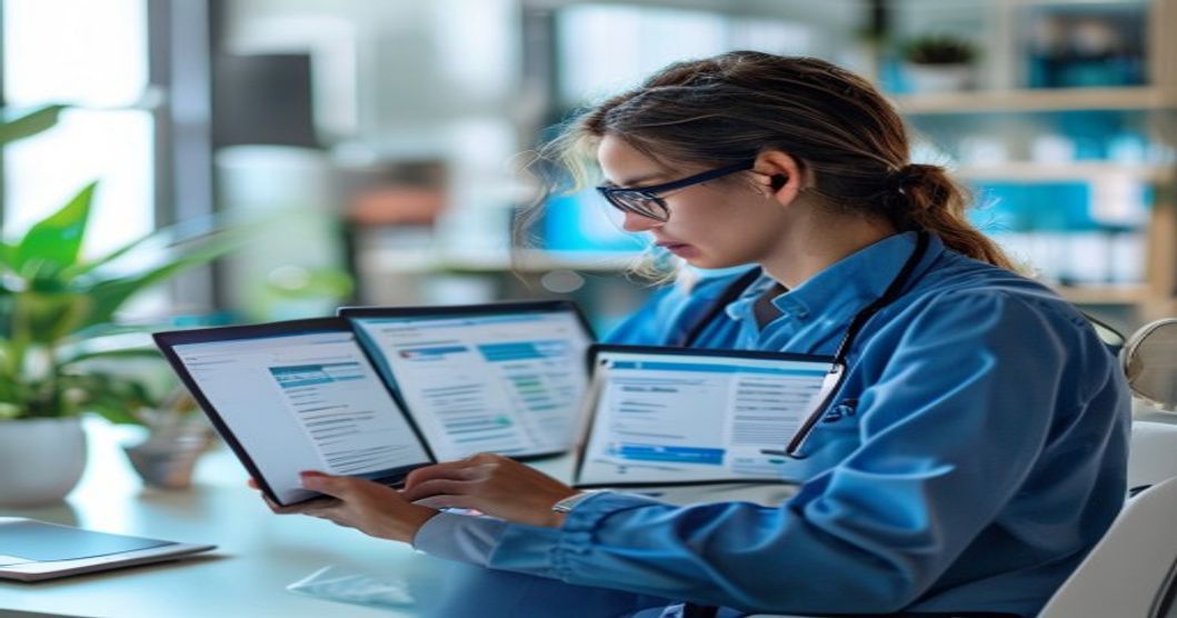 Healthcare professional reading a software buying guide