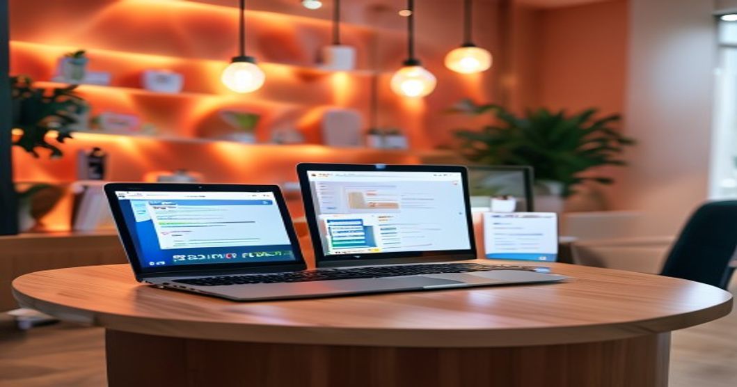 Physiotherapy clinic reception with appointment software on a laptop